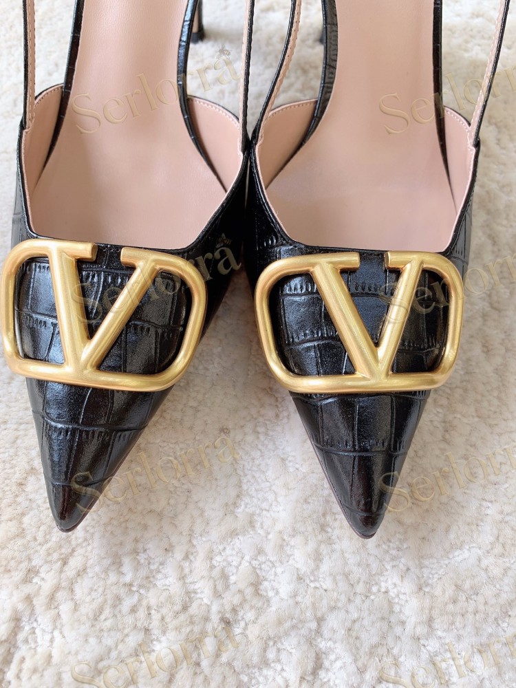 VALENTINO BURGUNDY CROC‑EFFECT LEATHER V‑LOGO SLINGBACK STILETTO PUMPS
