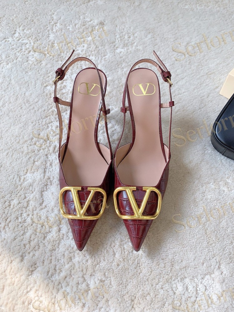VALENTINO BURGUNDY CROC‑EFFECT LEATHER V‑LOGO SLINGBACK STILETTO PUMPS