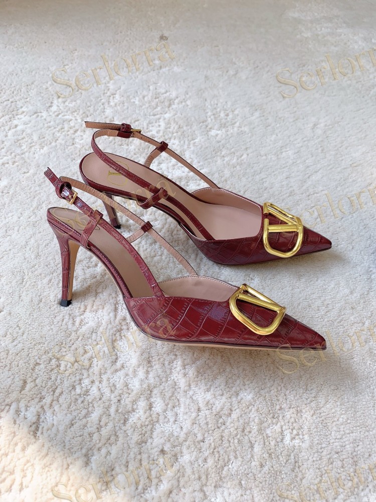 VALENTINO BURGUNDY CROC‑EFFECT LEATHER V‑LOGO SLINGBACK STILETTO PUMPS