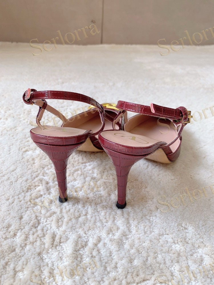 VALENTINO BURGUNDY CROC‑EFFECT LEATHER V‑LOGO SLINGBACK STILETTO PUMPS
