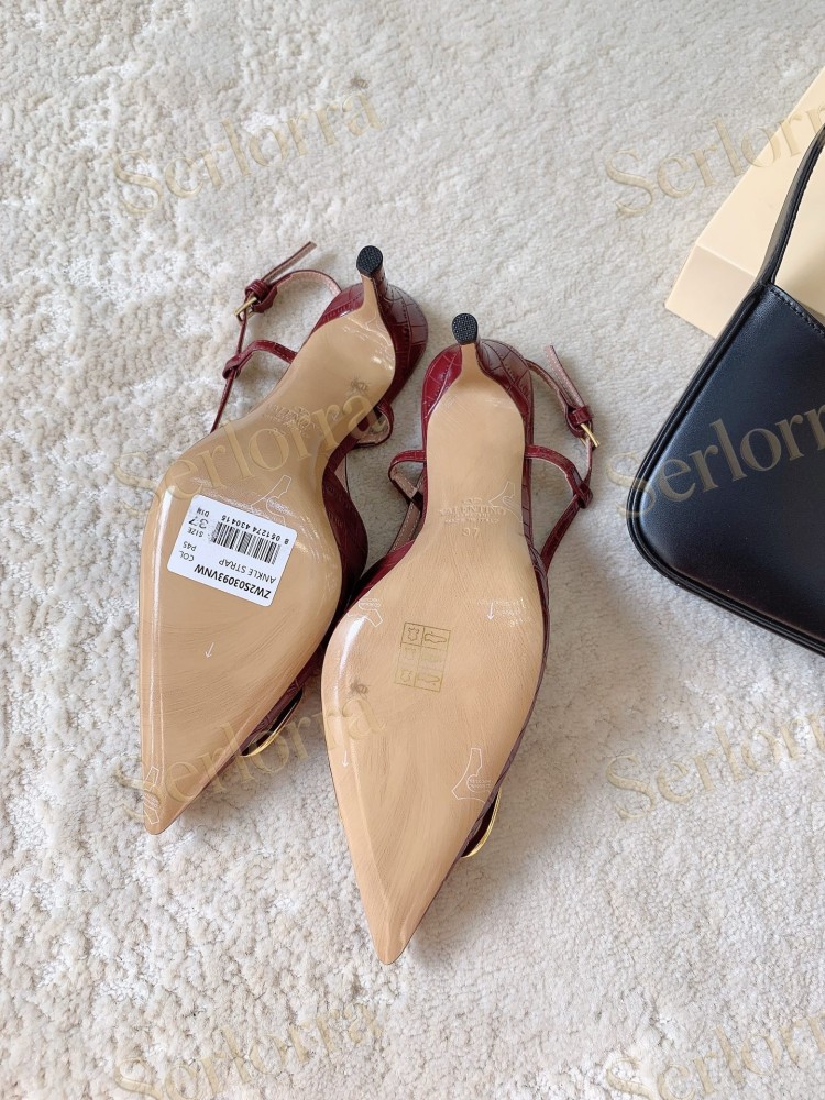 VALENTINO BURGUNDY CROC‑EFFECT LEATHER V‑LOGO SLINGBACK STILETTO PUMPS
