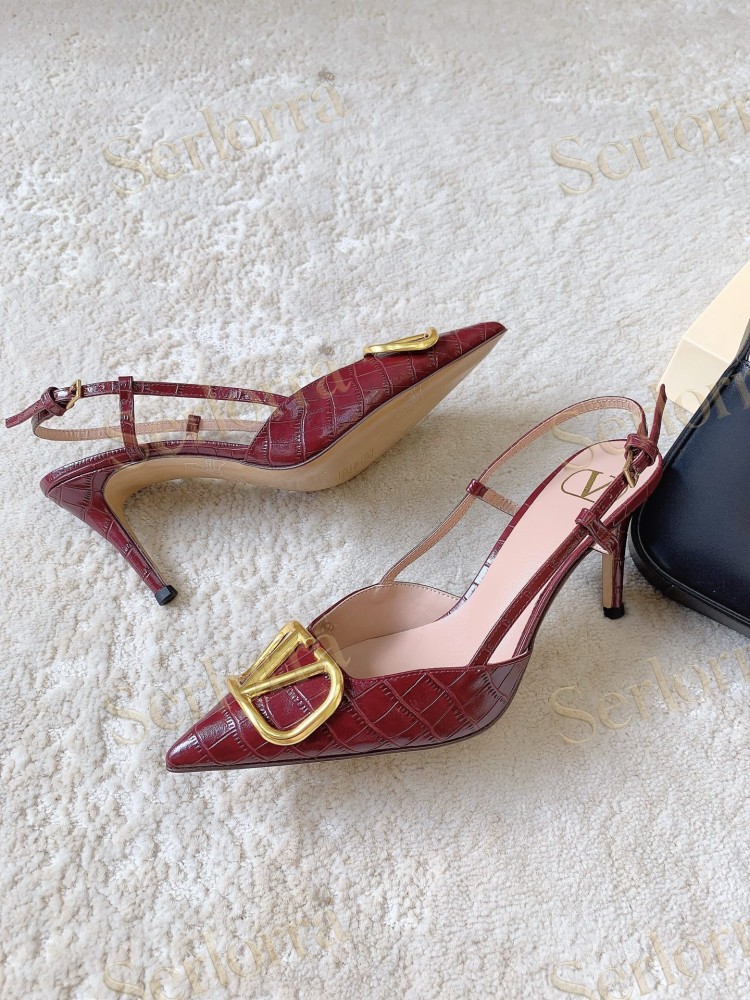 VALENTINO BURGUNDY CROC‑EFFECT LEATHER V‑LOGO SLINGBACK STILETTO PUMPS