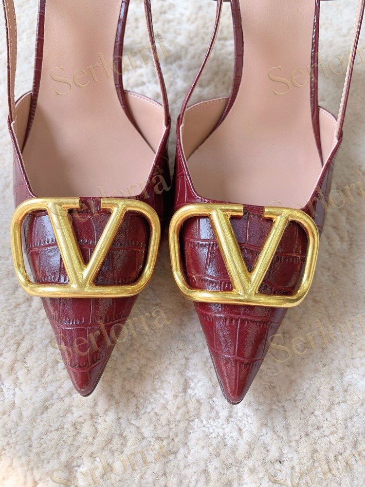 VALENTINO BURGUNDY CROC‑EFFECT LEATHER V‑LOGO SLINGBACK STILETTO PUMPS