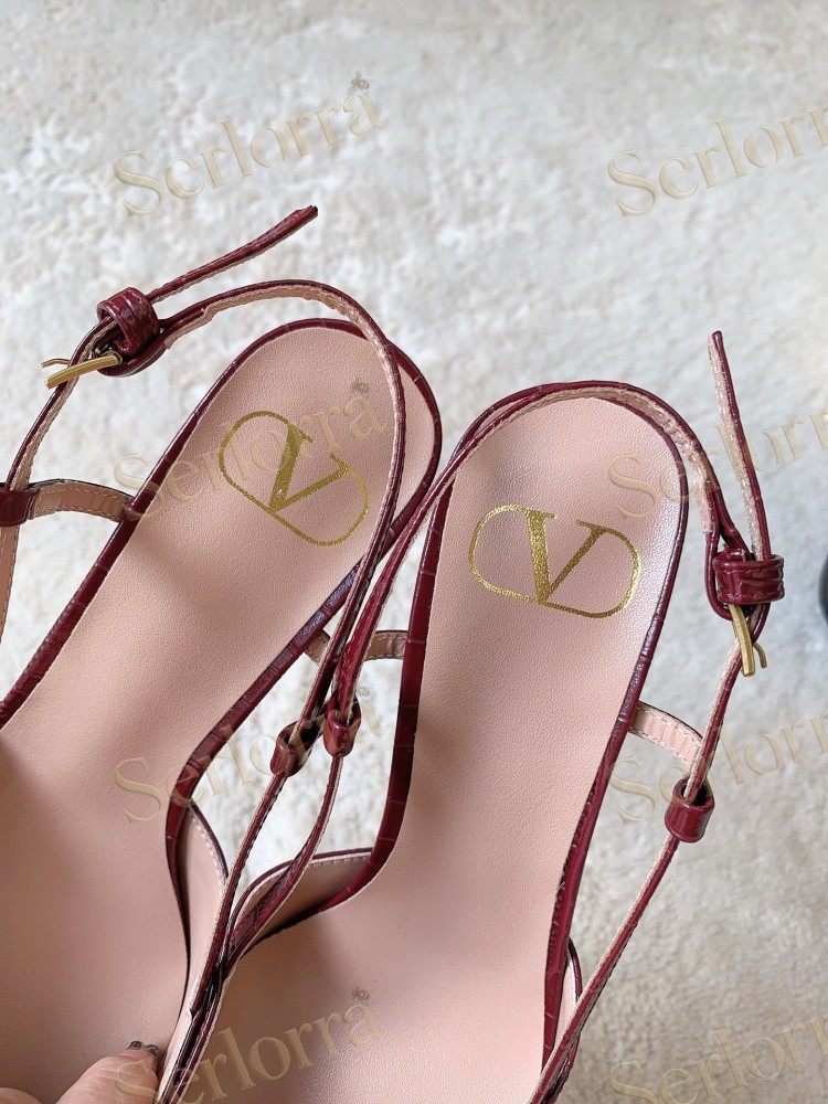 VALENTINO BURGUNDY CROC‑EFFECT LEATHER V‑LOGO SLINGBACK STILETTO PUMPS