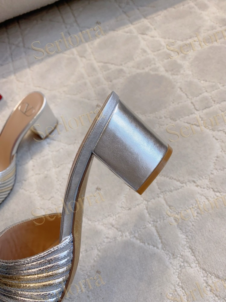 VALENTINO  PLEATED METALLIC LEATHER V‑LOGO BLOCK‑HEEL MULE SLIDES