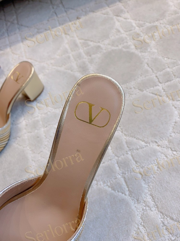 VALENTINO  PLEATED METALLIC LEATHER V‑LOGO BLOCK‑HEEL MULE SLIDES