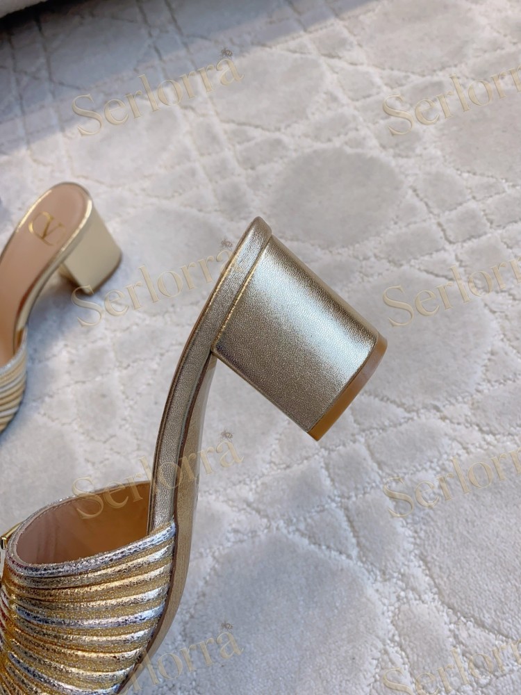 VALENTINO  PLEATED METALLIC LEATHER V‑LOGO BLOCK‑HEEL MULE SLIDES