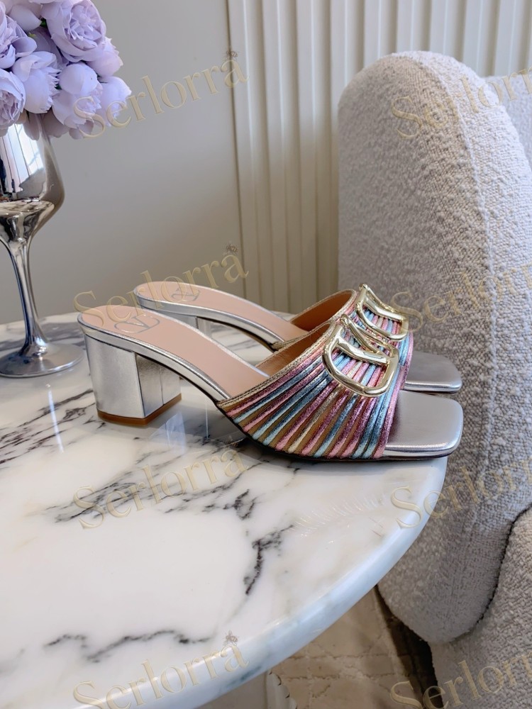 VALENTINO  PLEATED METALLIC LEATHER V‑LOGO BLOCK‑HEEL MULE SLIDES