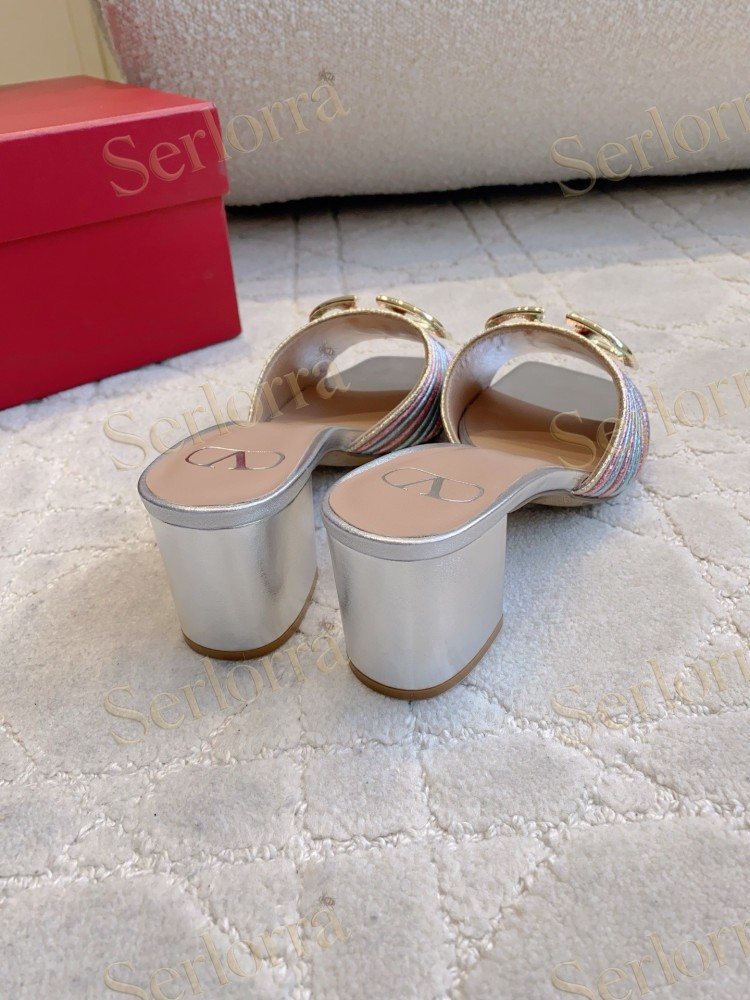 VALENTINO  PLEATED METALLIC LEATHER V‑LOGO BLOCK‑HEEL MULE SLIDES