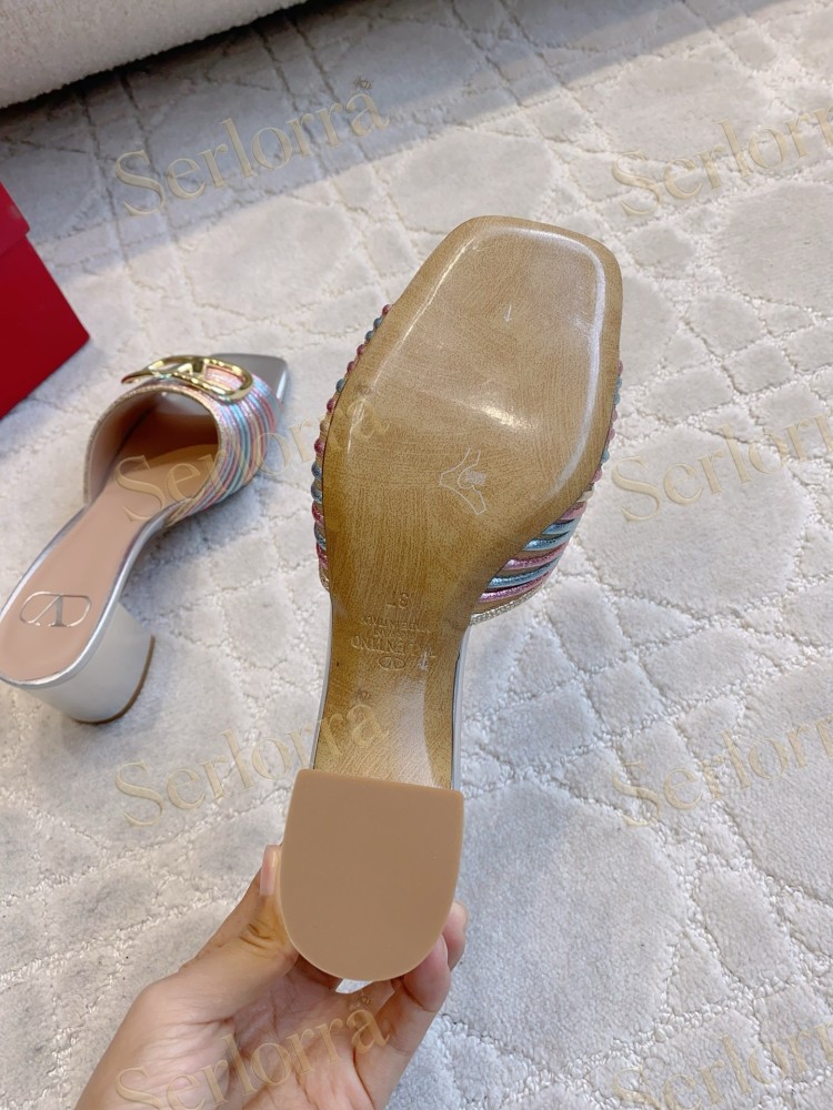 VALENTINO  PLEATED METALLIC LEATHER V‑LOGO BLOCK‑HEEL MULE SLIDES