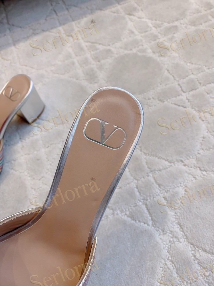 VALENTINO  PLEATED METALLIC LEATHER V‑LOGO BLOCK‑HEEL MULE SLIDES