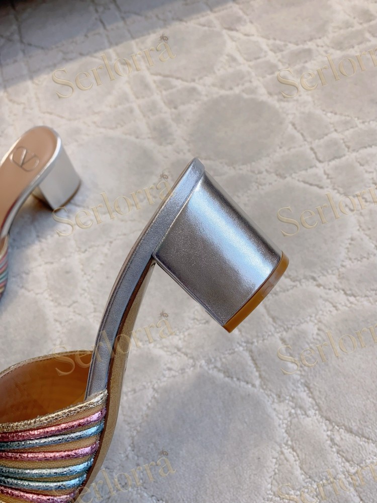 VALENTINO  PLEATED METALLIC LEATHER V‑LOGO BLOCK‑HEEL MULE SLIDES