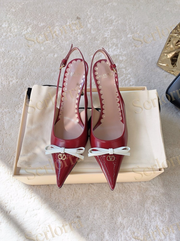VALENTINO RED PATENT LEATHER WHITE BOW V‑LOGO SLINGBACK PUMPS