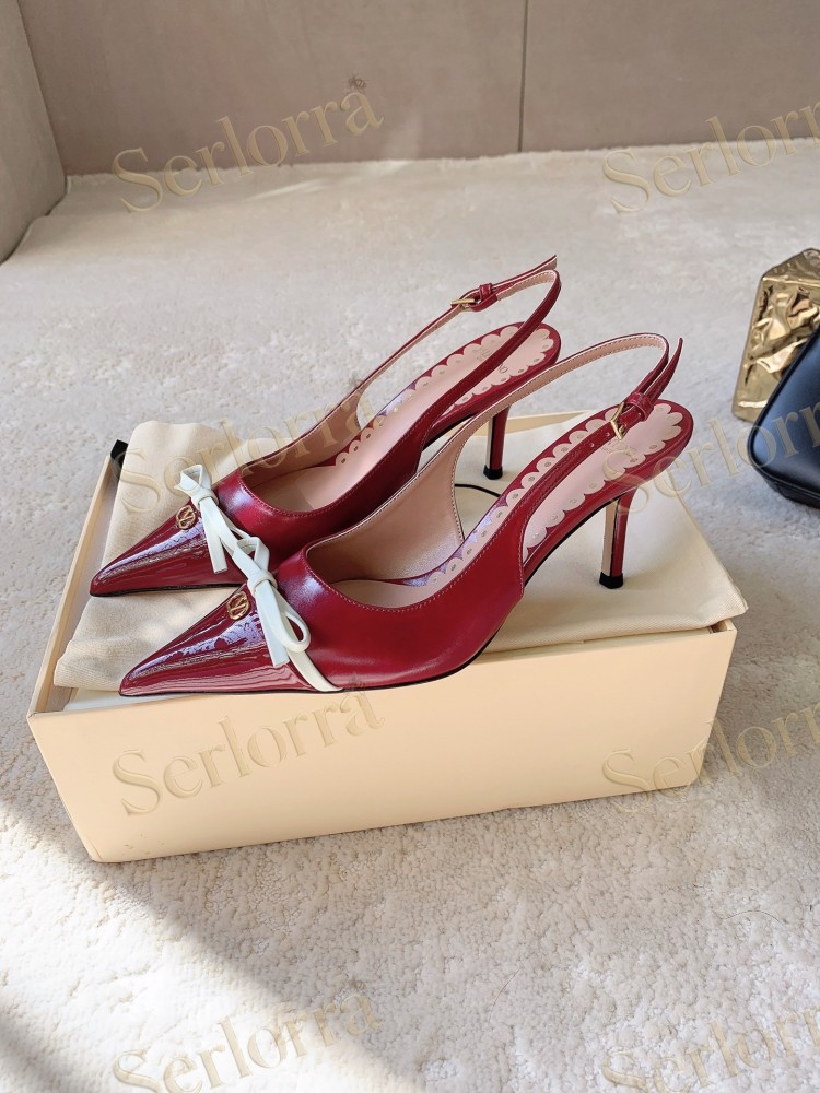 VALENTINO RED PATENT LEATHER WHITE BOW V‑LOGO SLINGBACK PUMPS