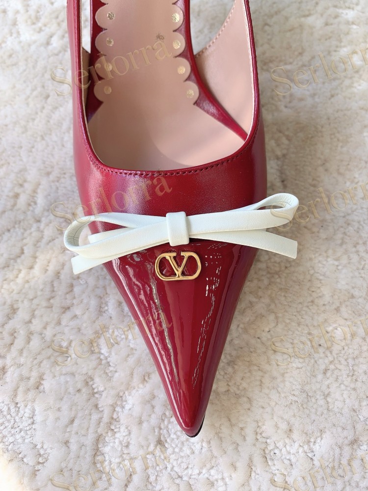 VALENTINO RED PATENT LEATHER WHITE BOW V‑LOGO SLINGBACK PUMPS