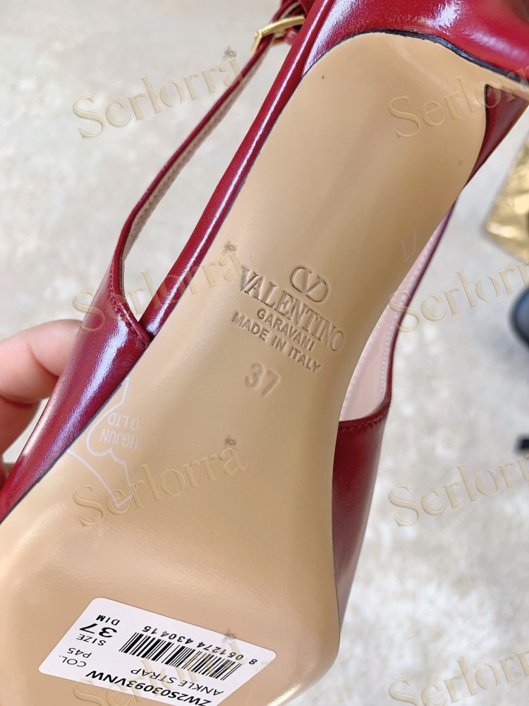 VALENTINO RED PATENT LEATHER WHITE BOW V‑LOGO SLINGBACK PUMPS