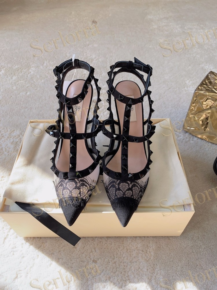 VALENTINO GARAVANI ROCKSTUD BLACK MESH LACE STUDDED ANKLE‑STRAP POINTED‑TOE PUMPS