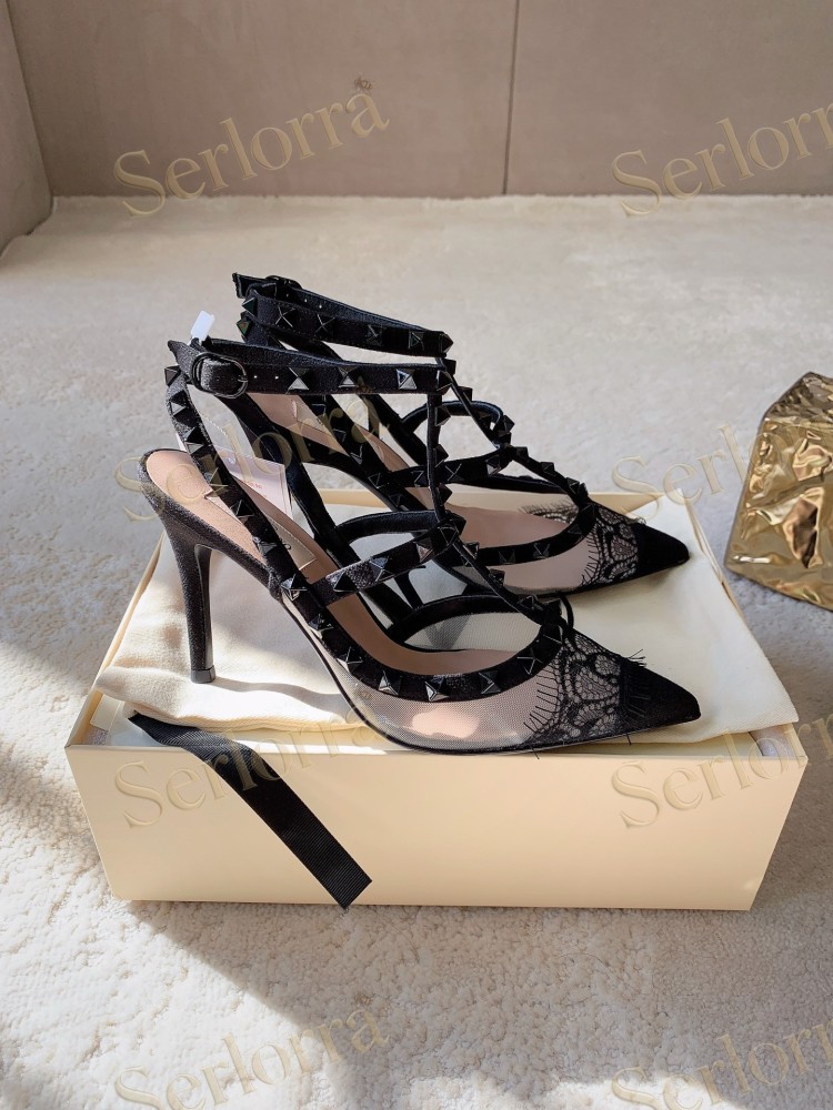 VALENTINO GARAVANI ROCKSTUD BLACK MESH LACE STUDDED ANKLE‑STRAP POINTED‑TOE PUMPS
