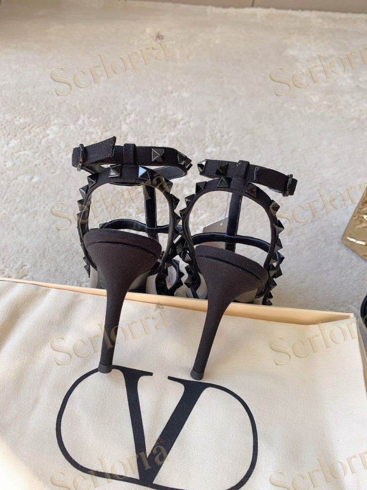 VALENTINO GARAVANI ROCKSTUD BLACK MESH LACE STUDDED ANKLE‑STRAP POINTED‑TOE PUMPS