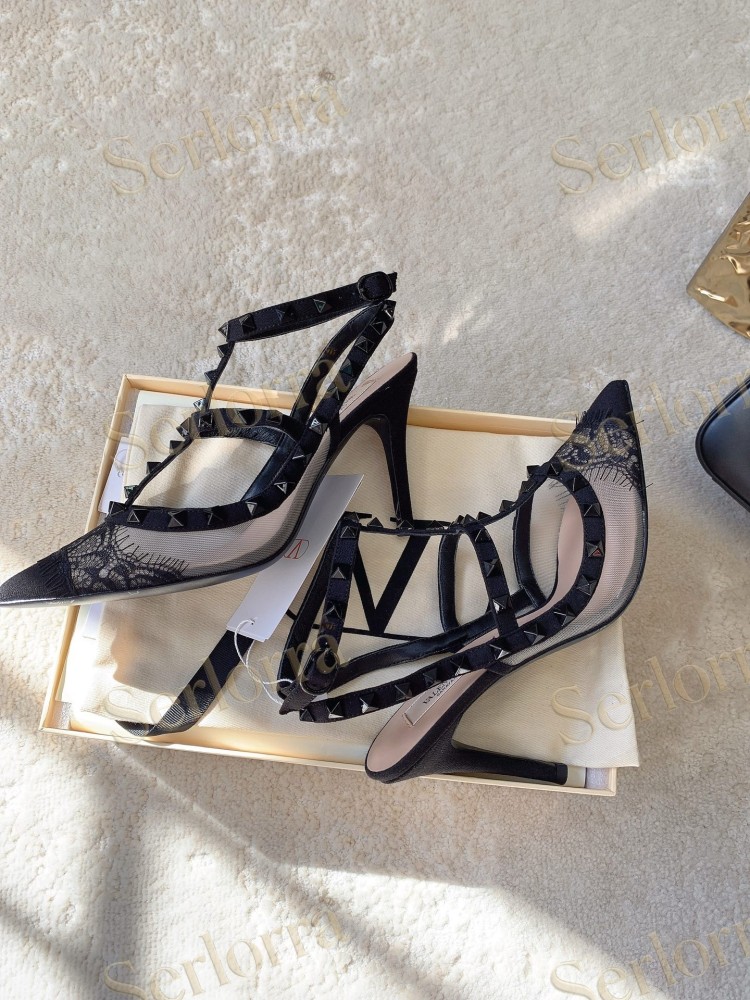 VALENTINO GARAVANI ROCKSTUD BLACK MESH LACE STUDDED ANKLE‑STRAP POINTED‑TOE PUMPS