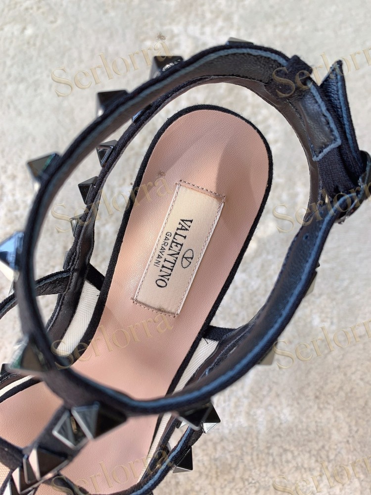 VALENTINO GARAVANI ROCKSTUD BLACK MESH LACE STUDDED ANKLE‑STRAP POINTED‑TOE PUMPS