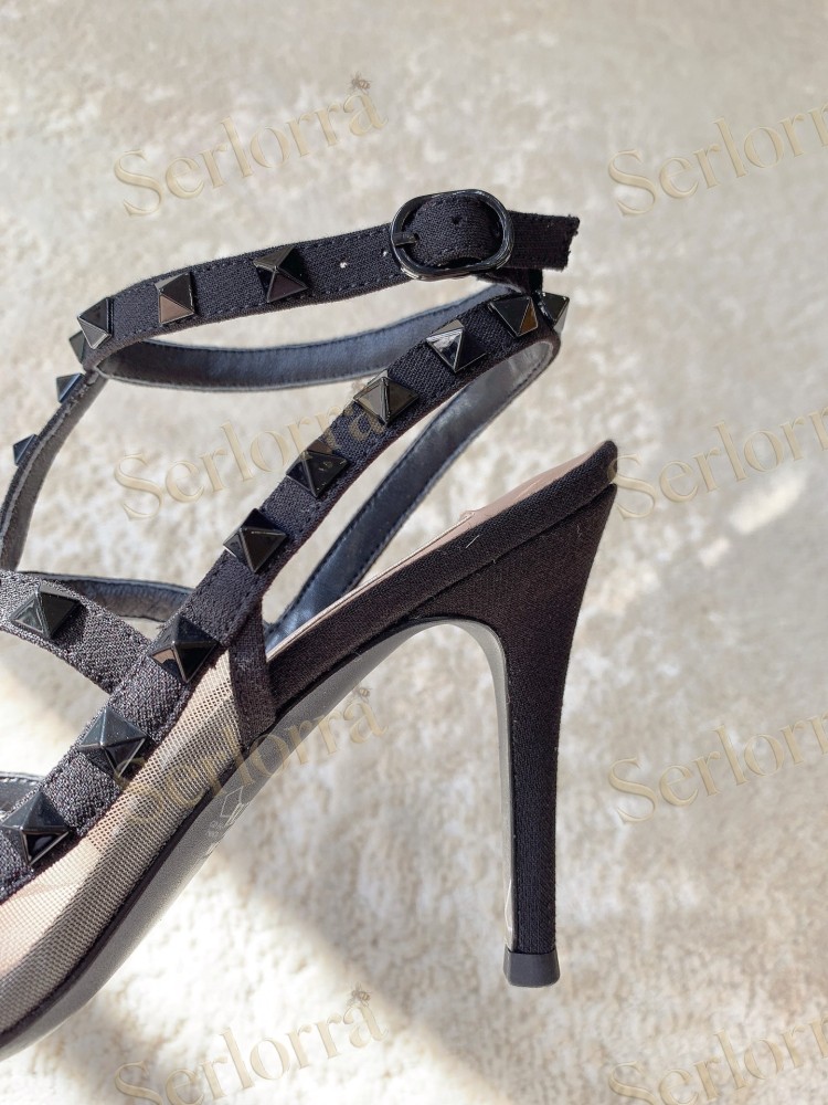VALENTINO GARAVANI ROCKSTUD BLACK MESH LACE STUDDED ANKLE‑STRAP POINTED‑TOE PUMPS