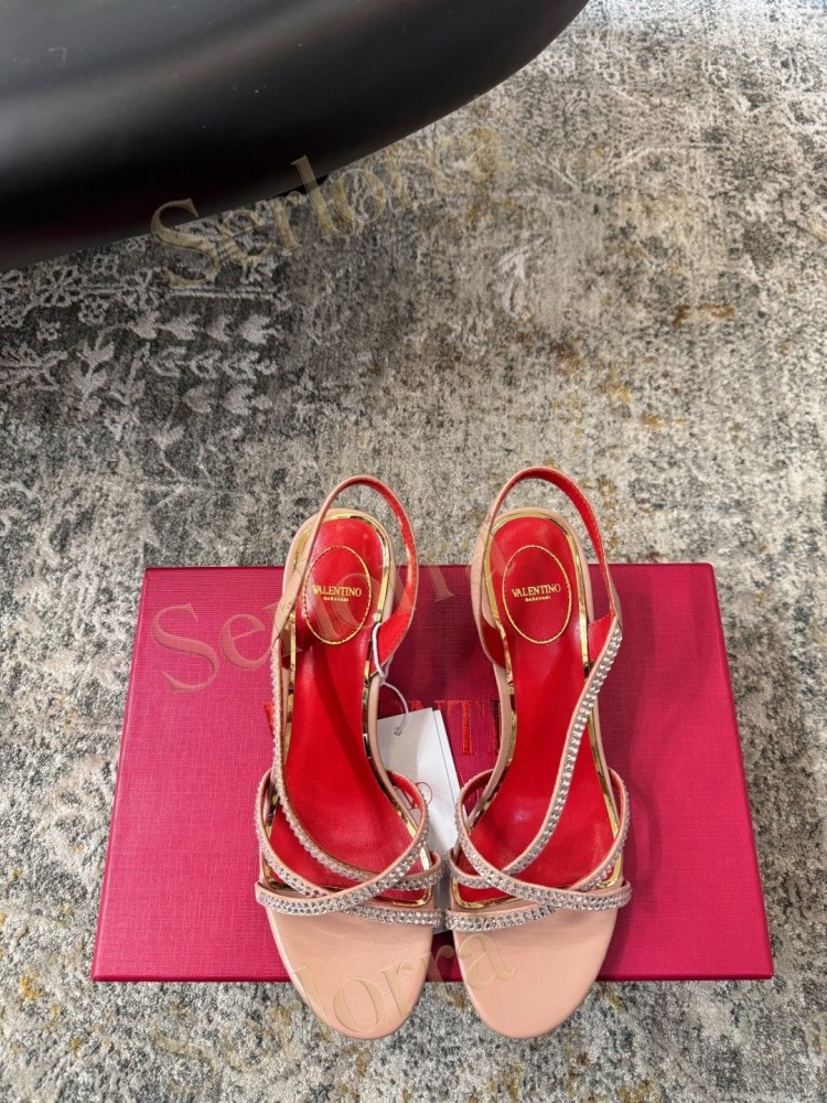 VALENTINO GARAVANI LEATHER CRYSTAL‑EMBELLISHED CROSS‑STRAP SLINGBACK HIGH‑HEEL SANDALS