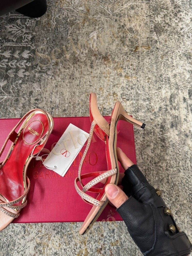 VALENTINO GARAVANI LEATHER CRYSTAL‑EMBELLISHED CROSS‑STRAP SLINGBACK HIGH‑HEEL SANDALS