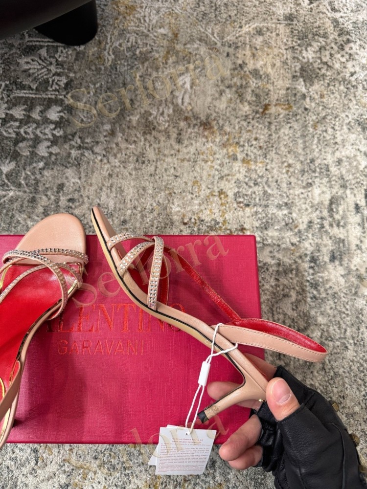 VALENTINO GARAVANI LEATHER CRYSTAL‑EMBELLISHED CROSS‑STRAP SLINGBACK HIGH‑HEEL SANDALS