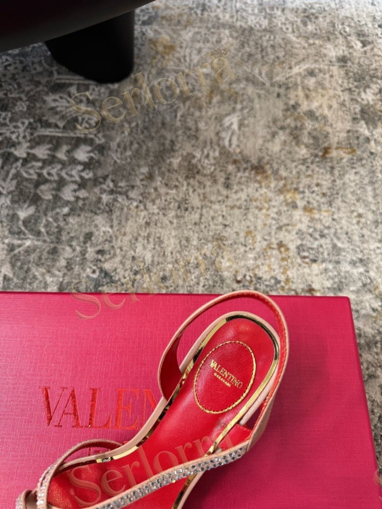 VALENTINO GARAVANI LEATHER CRYSTAL‑EMBELLISHED CROSS‑STRAP SLINGBACK HIGH‑HEEL SANDALS