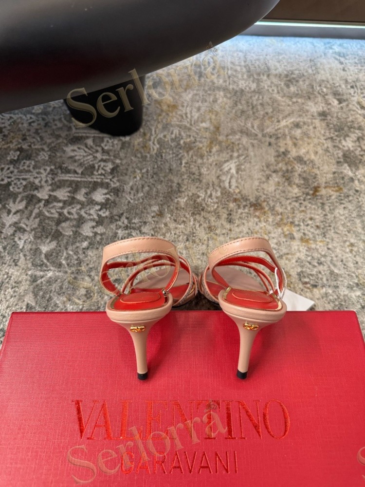 VALENTINO GARAVANI LEATHER CRYSTAL‑EMBELLISHED CROSS‑STRAP SLINGBACK HIGH‑HEEL SANDALS
