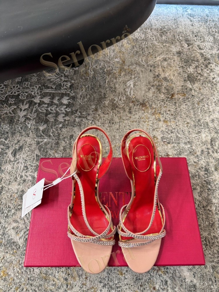 VALENTINO GARAVANI LEATHER CRYSTAL‑EMBELLISHED CROSS‑STRAP SLINGBACK HIGH‑HEEL SANDALS