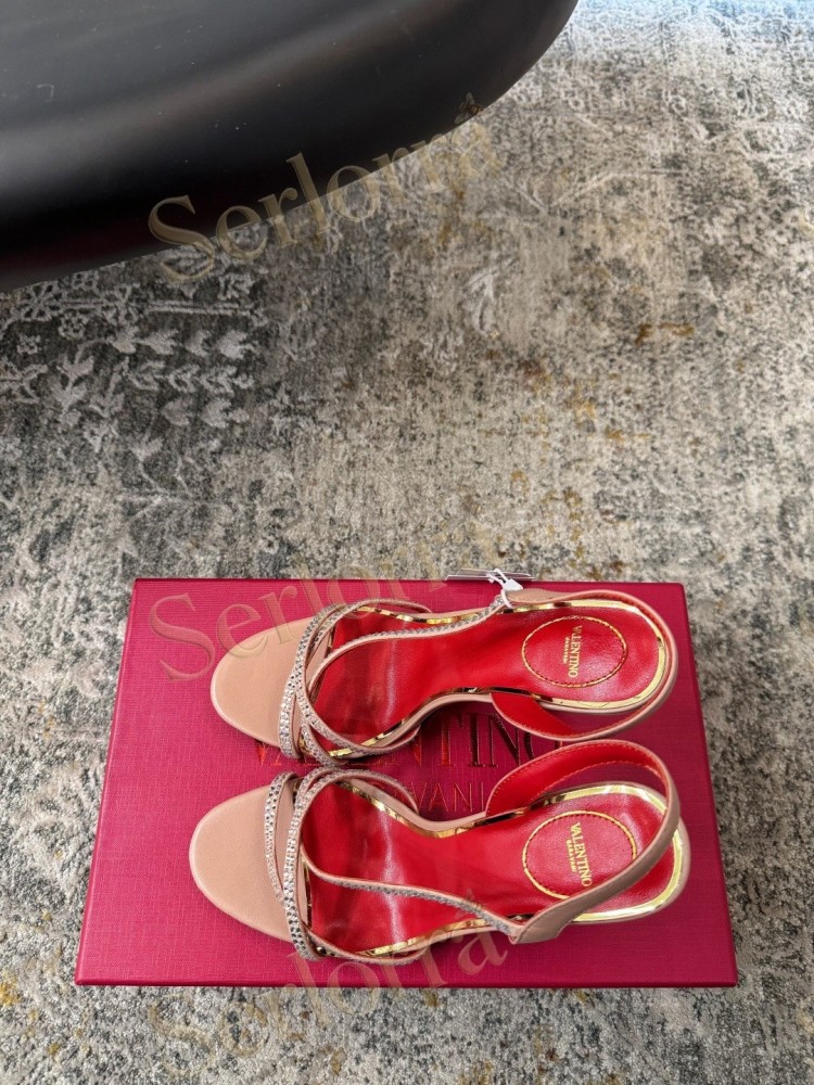 VALENTINO GARAVANI LEATHER CRYSTAL‑EMBELLISHED CROSS‑STRAP SLINGBACK HIGH‑HEEL SANDALS