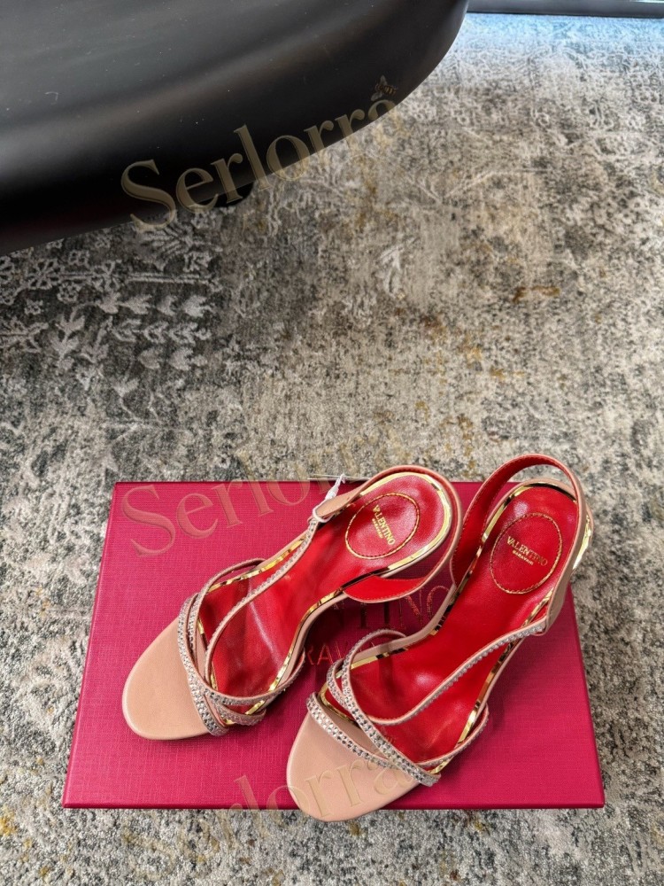 VALENTINO GARAVANI LEATHER CRYSTAL‑EMBELLISHED CROSS‑STRAP SLINGBACK HIGH‑HEEL SANDALS