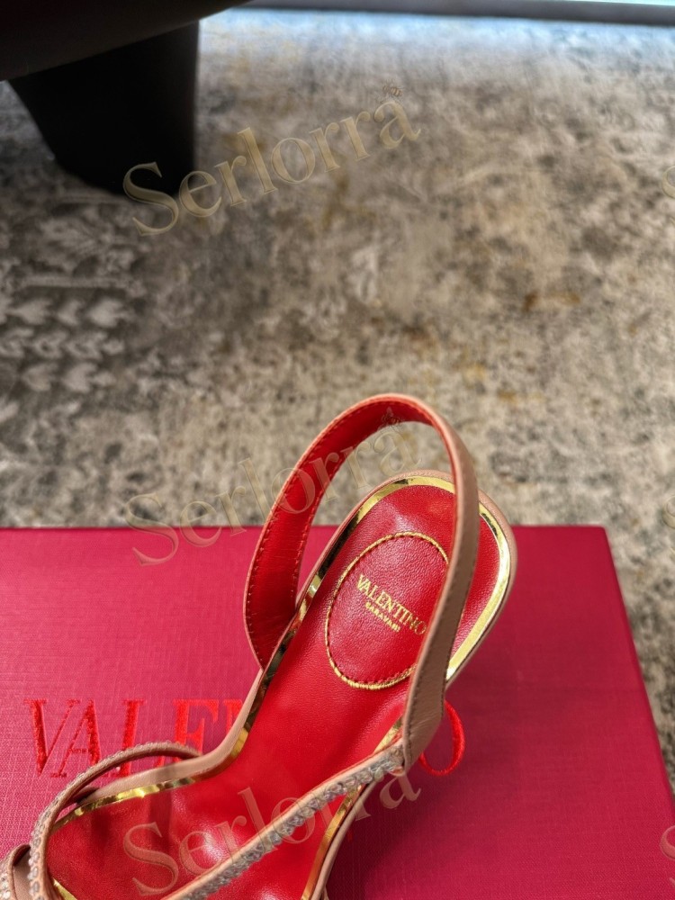 VALENTINO GARAVANI LEATHER CRYSTAL‑EMBELLISHED CROSS‑STRAP SLINGBACK HIGH‑HEEL SANDALS