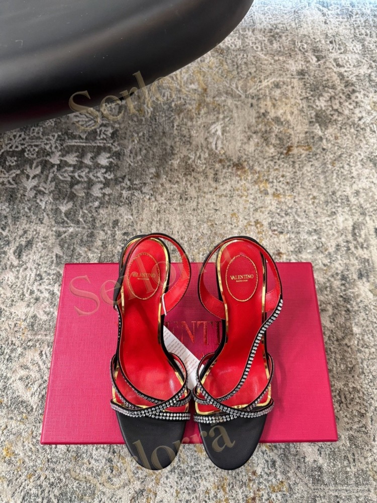 VALENTINO GARAVANI LEATHER CRYSTAL‑EMBELLISHED CROSS‑STRAP SLINGBACK HIGH‑HEEL SANDALS