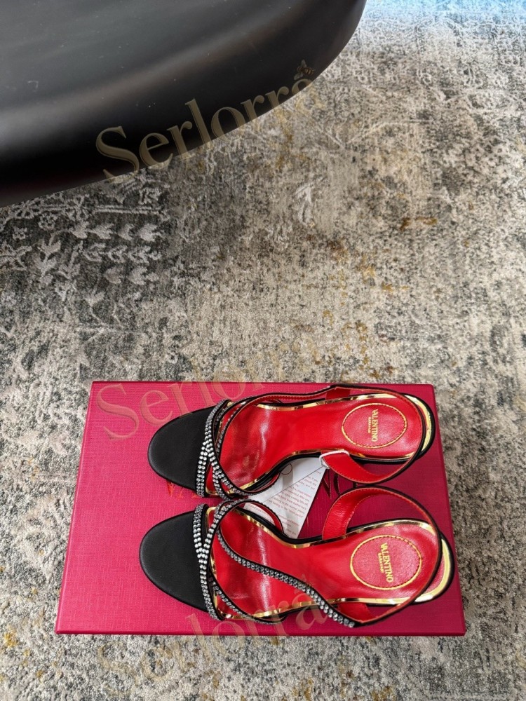 VALENTINO GARAVANI LEATHER CRYSTAL‑EMBELLISHED CROSS‑STRAP SLINGBACK HIGH‑HEEL SANDALS