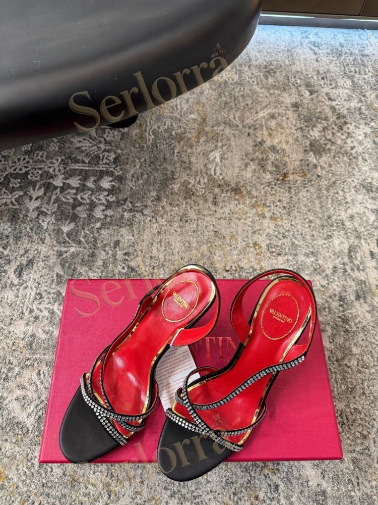 VALENTINO GARAVANI LEATHER CRYSTAL‑EMBELLISHED CROSS‑STRAP SLINGBACK HIGH‑HEEL SANDALS