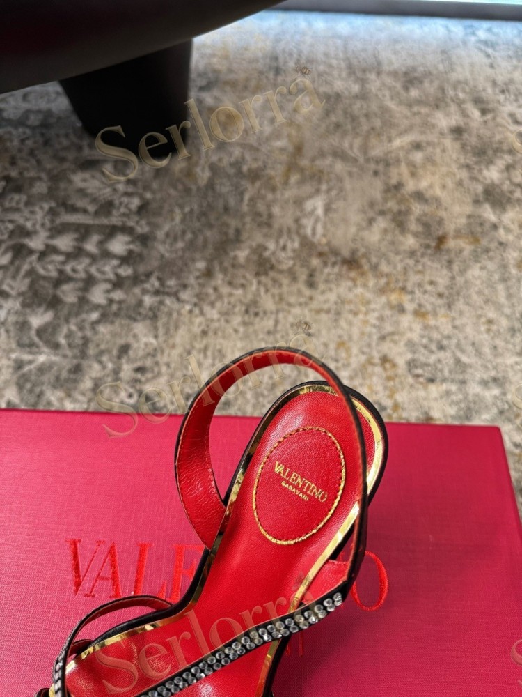 VALENTINO GARAVANI LEATHER CRYSTAL‑EMBELLISHED CROSS‑STRAP SLINGBACK HIGH‑HEEL SANDALS