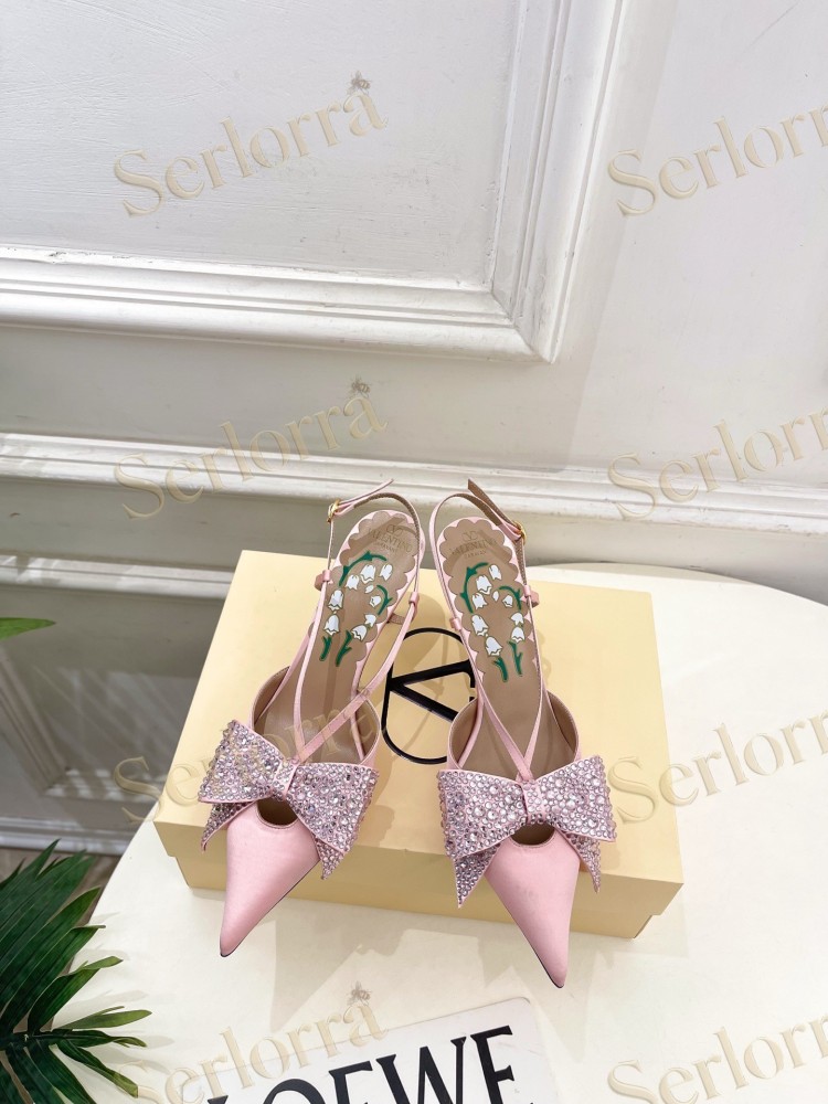 VALENTINO SATIN CRYSTAL‑EMBELLISHED BOW SLINGBACK STILETTO PUMPS