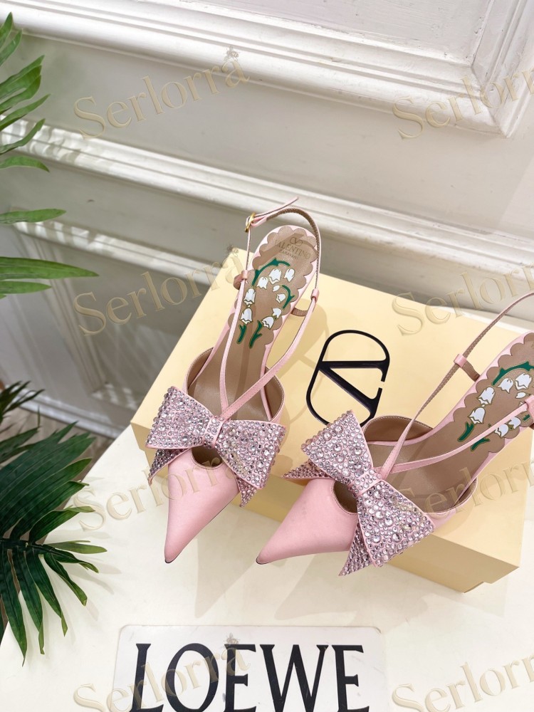 VALENTINO SATIN CRYSTAL‑EMBELLISHED BOW SLINGBACK STILETTO PUMPS