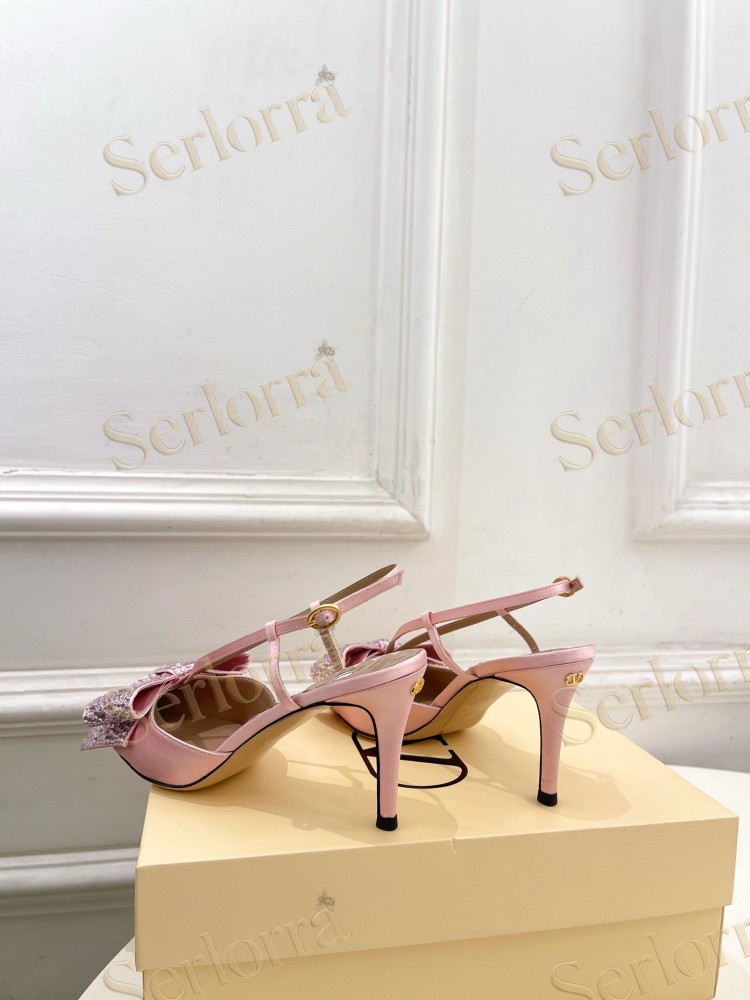 VALENTINO SATIN CRYSTAL‑EMBELLISHED BOW SLINGBACK STILETTO PUMPS