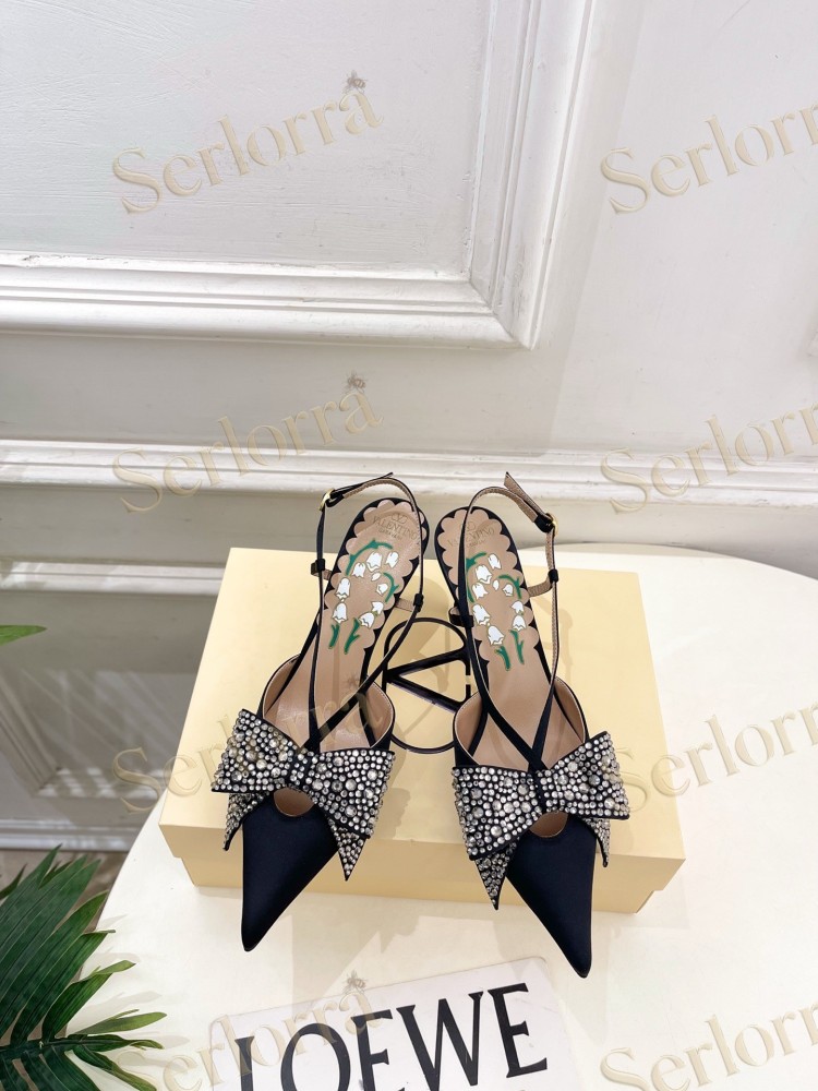 VALENTINO SATIN CRYSTAL‑EMBELLISHED BOW SLINGBACK STILETTO PUMPS