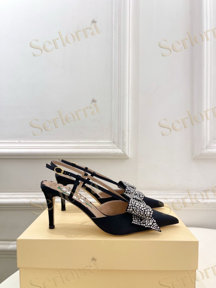 VALENTINO SATIN CRYSTAL‑EMBELLISHED BOW SLINGBACK STILETTO PUMPS