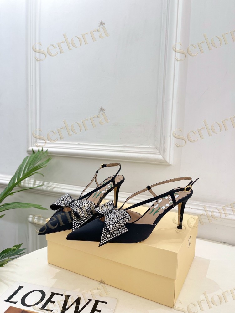 VALENTINO SATIN CRYSTAL‑EMBELLISHED BOW SLINGBACK STILETTO PUMPS