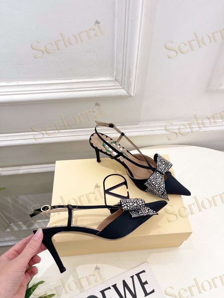 VALENTINO SATIN CRYSTAL‑EMBELLISHED BOW SLINGBACK STILETTO PUMPS