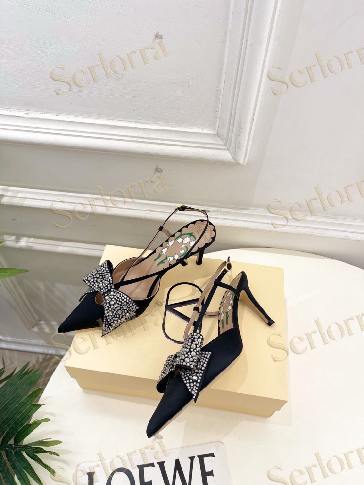 VALENTINO SATIN CRYSTAL‑EMBELLISHED BOW SLINGBACK STILETTO PUMPS