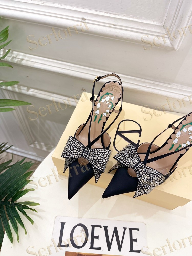 VALENTINO SATIN CRYSTAL‑EMBELLISHED BOW SLINGBACK STILETTO PUMPS