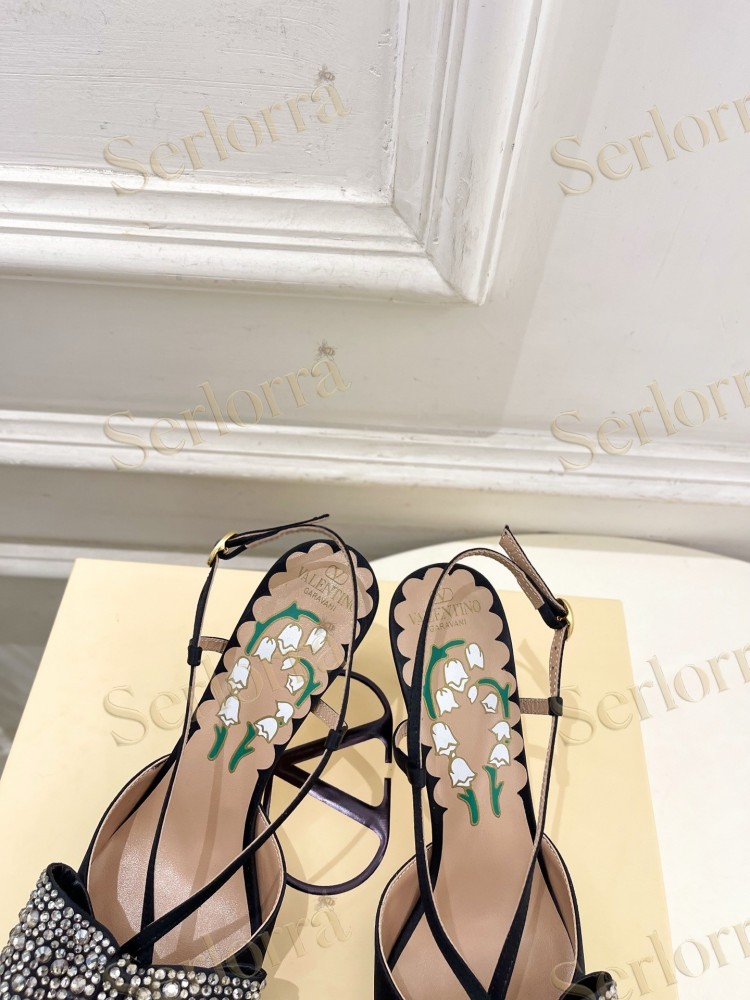 VALENTINO SATIN CRYSTAL‑EMBELLISHED BOW SLINGBACK STILETTO PUMPS
