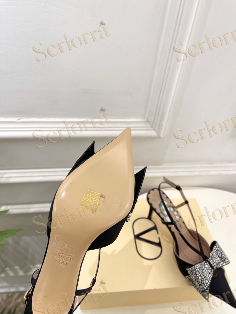 VALENTINO SATIN CRYSTAL‑EMBELLISHED BOW SLINGBACK STILETTO PUMPS
